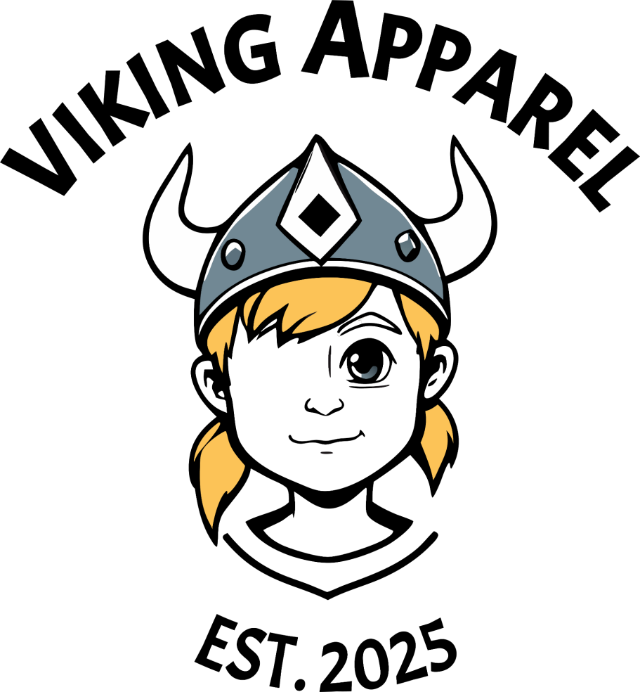 Logo consists of bold text reading 'Viking Apparel, Est. 2025'. The logo has a young viking boy with blonde hair, one eye, wearing a horned viking hat. 